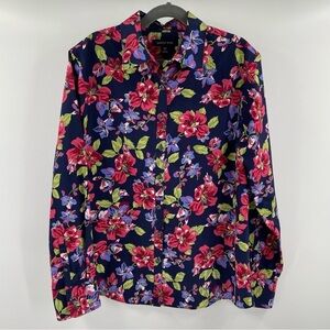 Lands End No Iron Supima Navy Floral Long Sleeve Button Up Blouse Travel Office